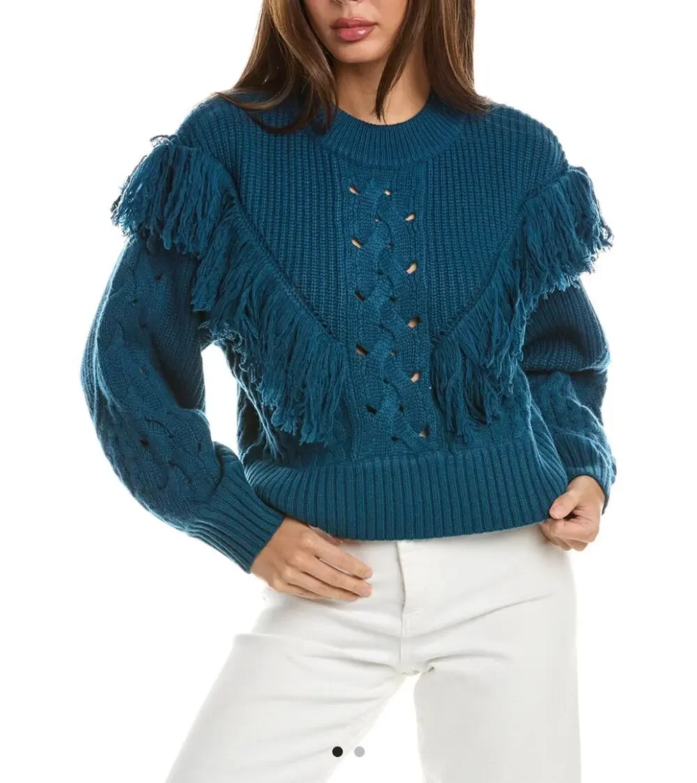 Equipment Femme Amira Wool & Cashmere Chunky Knit Fringe Sweater M